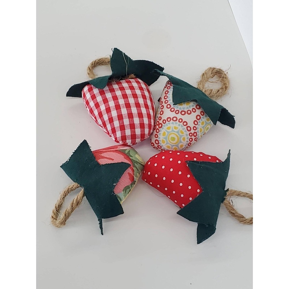 Handmade Fabric Strawberry Ornaments Set of 4 Rustic Farmhouse Decor Red Gingham